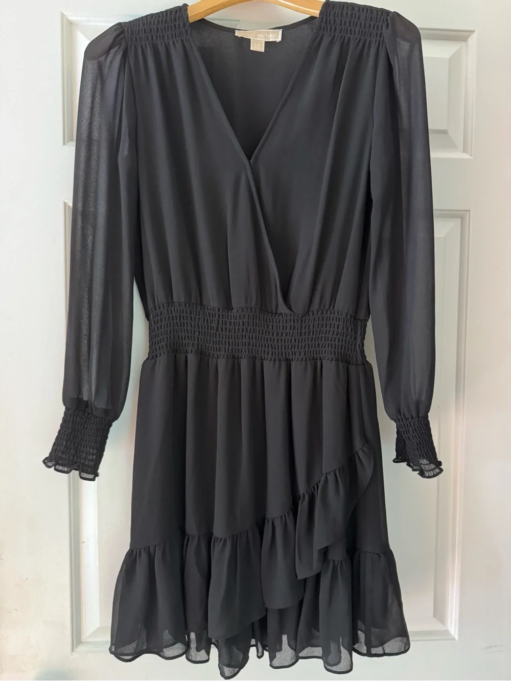 Michael Kors Black Long-Sleeve Smocked Waist Ruffle Dress